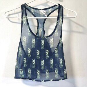 Crop top tank in dark blue/green with pineapple pattern